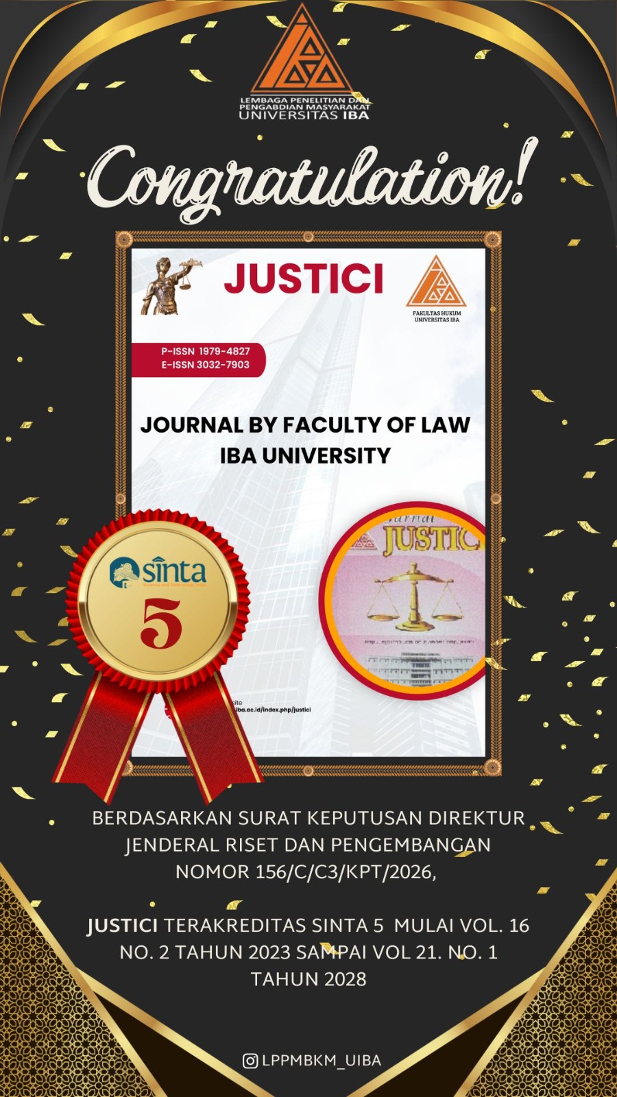 Jurnal JUSTICI Fakultas Hukum Universitas IBA resmi meraih Akreditasi SINTA 5