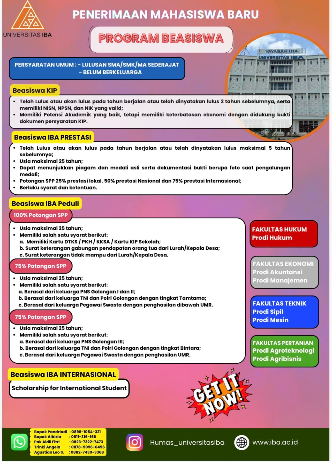 Program Beasiswa Universitas IBA 2026 Resmi Dibuka, Tersedia KIP hingga Beasiswa Internasional